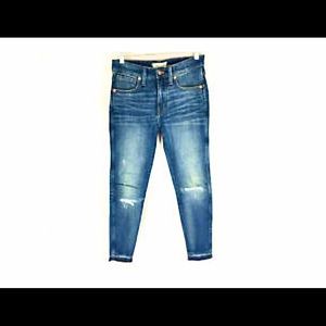 Madewell pettite 9" high rise skinny jeans, york wash, rip and repair edition.